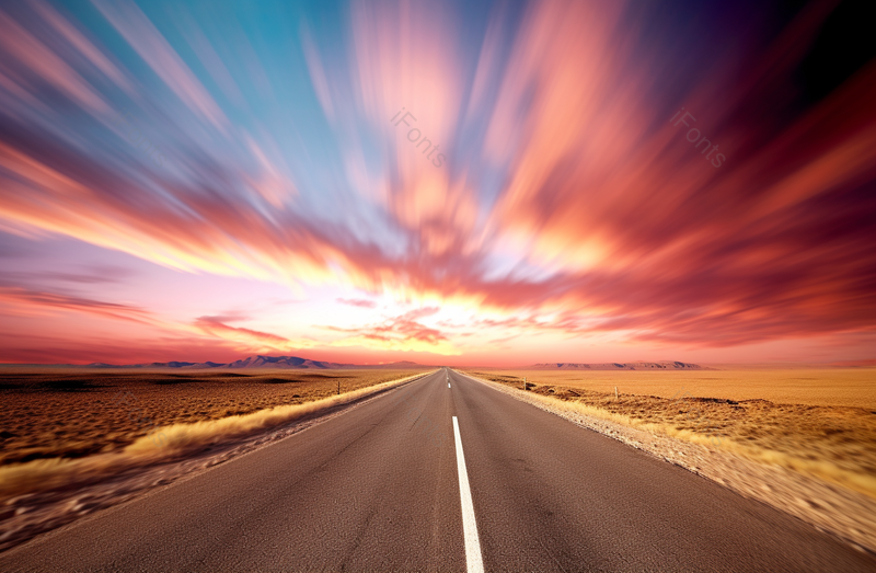 晚霞下黄色沙漠唯美的高速公路四下无人,高清,摄影图,摄影图片,图片大全,摄影图免费下载